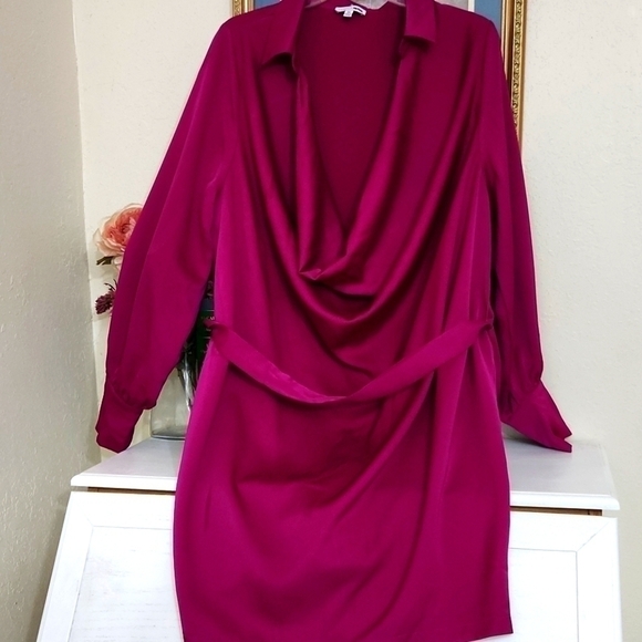 Sexy! Magenta Satin Wrap Dress Deep Neckline Romantic Date Night Concert Y2k - Picture 4 of 12